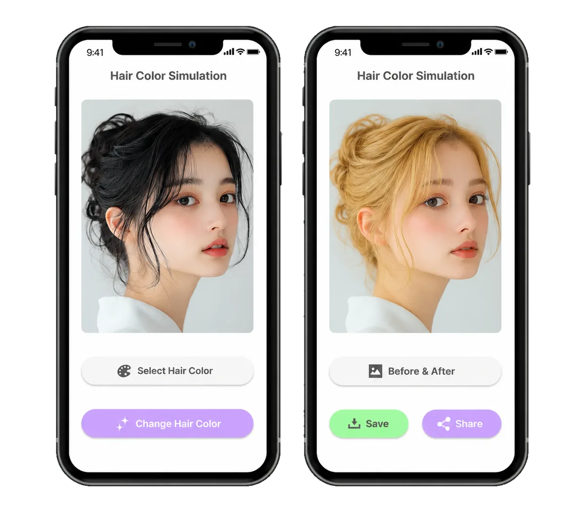 Two smartphones showing the before and after screens of a hair color simulation